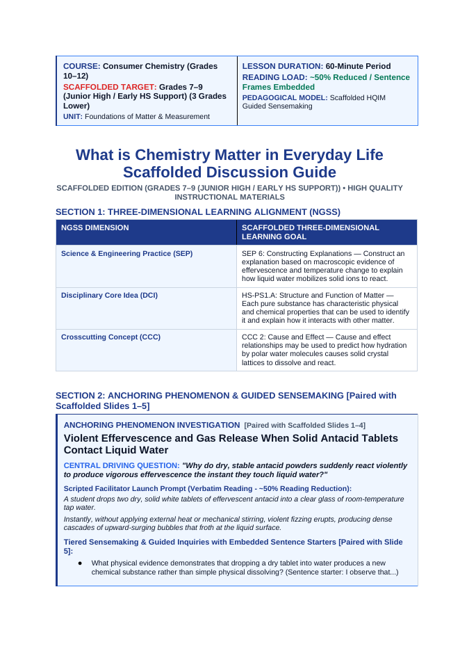 What is Chemistry? Matter in Everyday Life Scaffolded Phenomena-Based Lesson: Violent Effervescence and Gas Release When Solid Antacid Tablets Contact Liquid Water Teacher Discussion Guide sample page