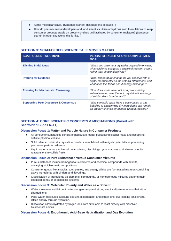 What is Chemistry? Matter in Everyday Life Scaffolded Phenomena-Based Lesson: Violent Effervescence and Gas Release When Solid Antacid Tablets Contact Liquid Water Teacher Discussion Guide sample page