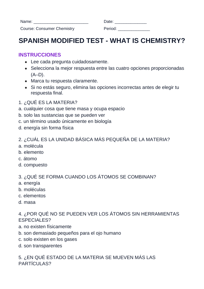 What is Chemistry? Matter in Everyday Life Spanish Unit Test sample page