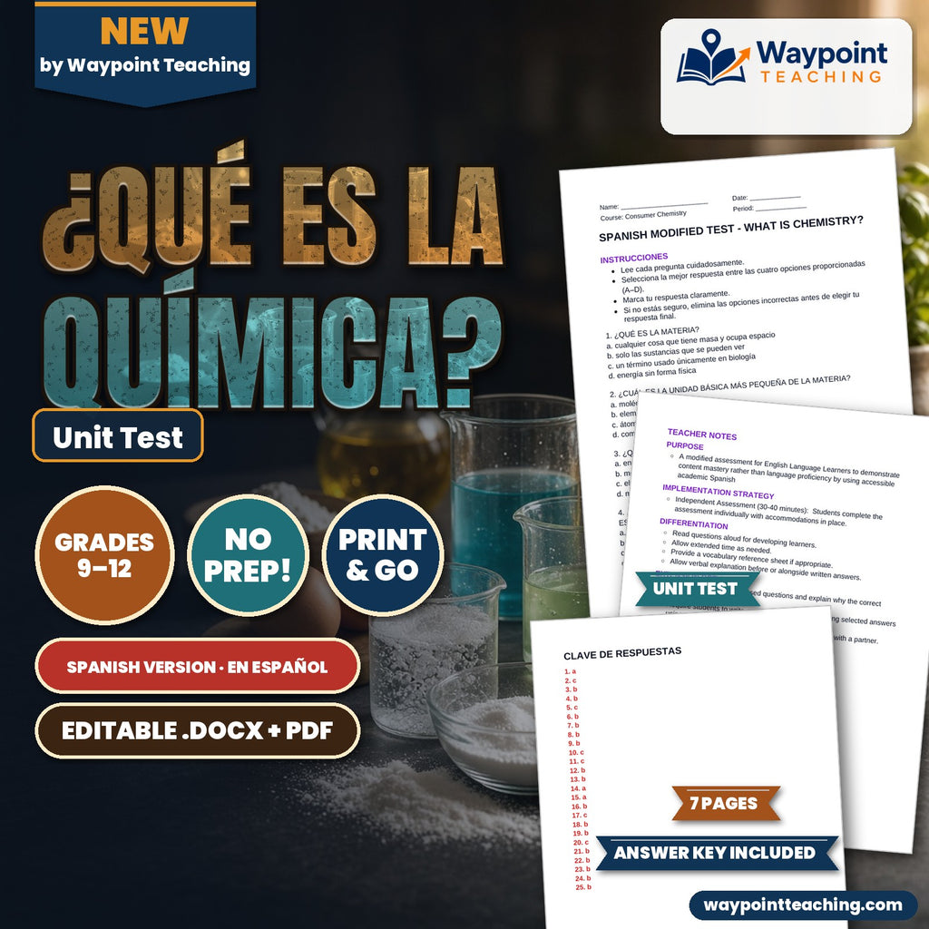 What is Chemistry? Matter in Everyday Life Spanish Unit Test cover