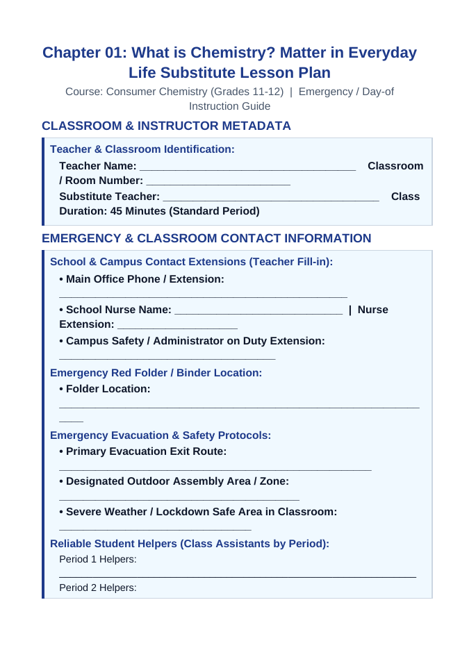 What is Chemistry? Matter in Everyday Life Substitute Lesson Plan sample page
