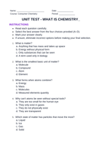What is Chemistry? Matter in Everyday Life Unit Test sample page