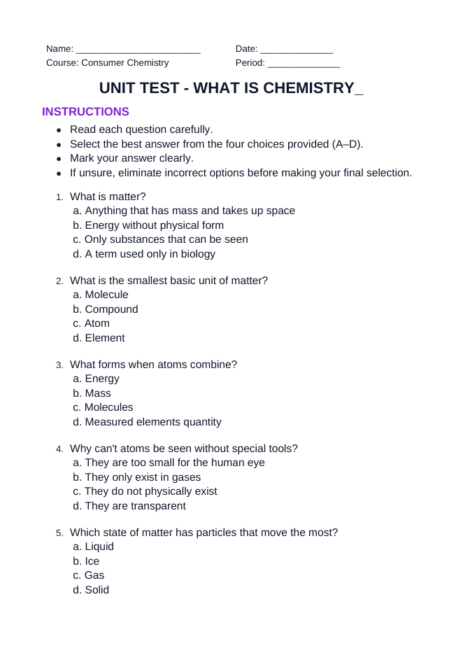 What is Chemistry? Matter in Everyday Life Unit Test sample page