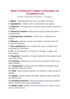 What is Chemistry? Matter in Everyday Life Vocabulary Words & Definitions sample page