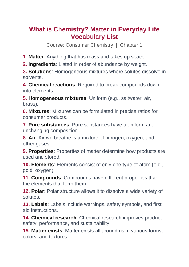 What is Chemistry? Matter in Everyday Life Vocabulary Words & Definitions sample page