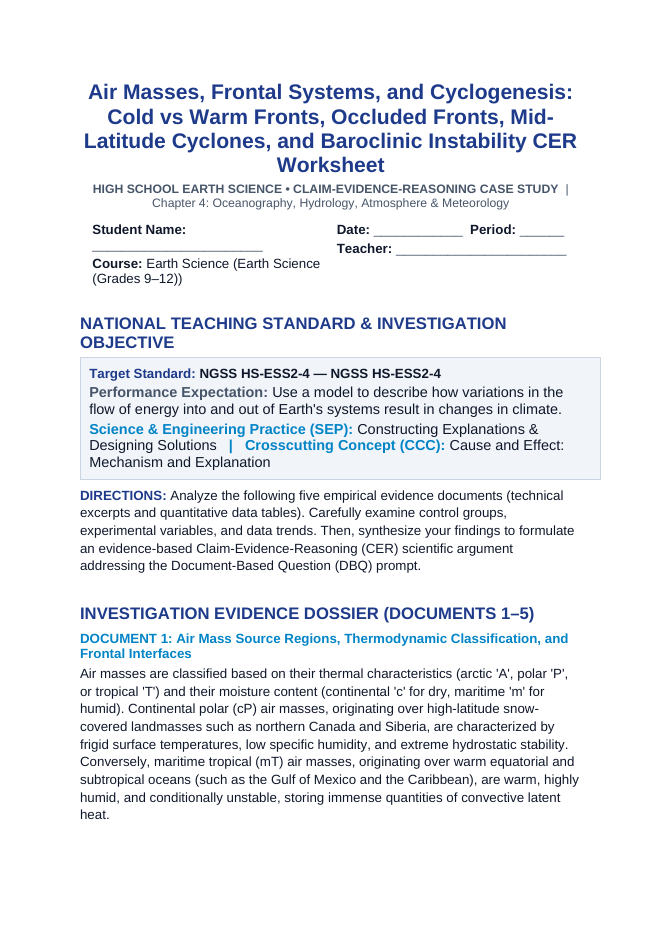 Air Masses, Frontal Systems, and Cyclogenesis: Cold vs Warm Fronts, Occluded Fronts, Mid-Latitude Cyclones, and Baroclinic Instability CER Phenomena Worksheet sample page