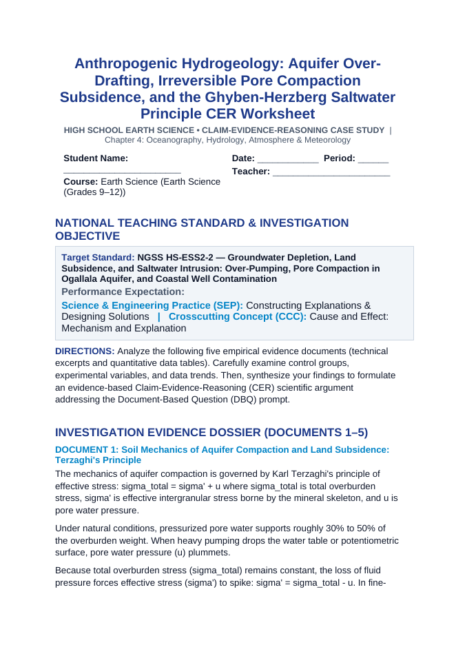 Anthropogenic Hydrogeology: Aquifer Over-Drafting, Irreversible Pore Compaction Subsidence, and the Ghyben-Herzberg Saltwater Principle CER Phenomena Worksheet sample page