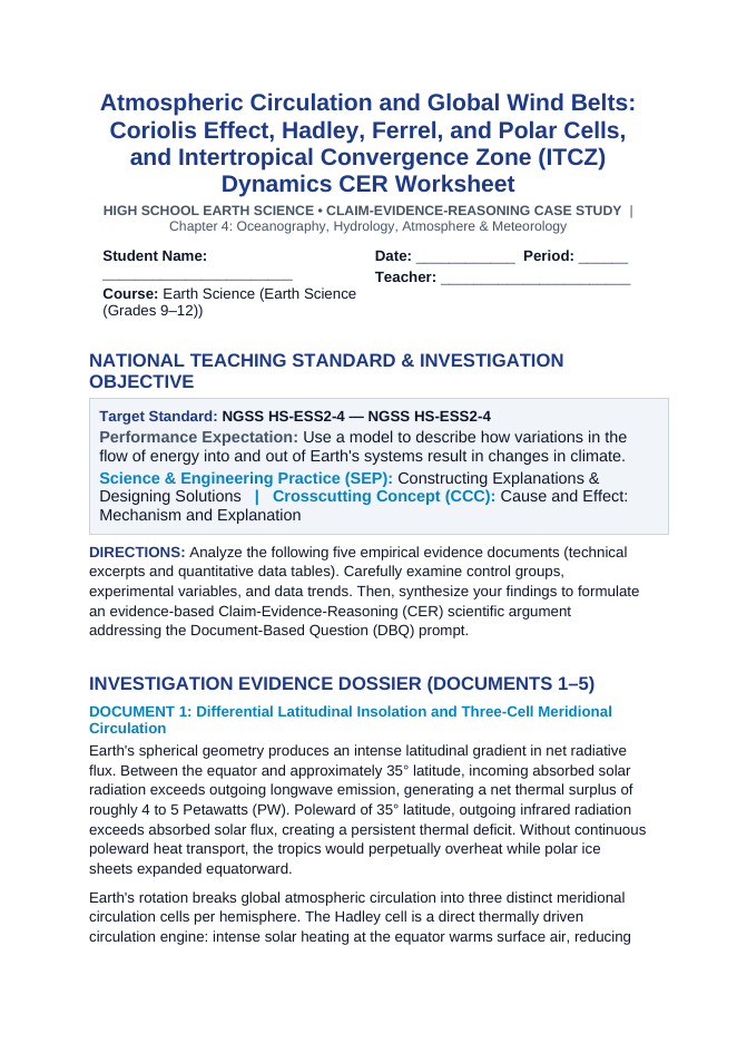 Atmospheric Circulation and Global Wind Belts: Coriolis Effect, Hadley, Ferrel, and Polar Cells, and Intertropical Convergence Zone (ITCZ) Dynamics CER Phenomena Worksheet sample page