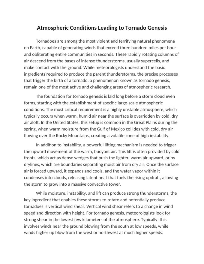 Atmospheric Conditions Leading to Tornado Genesis Reading Worksheet sample page