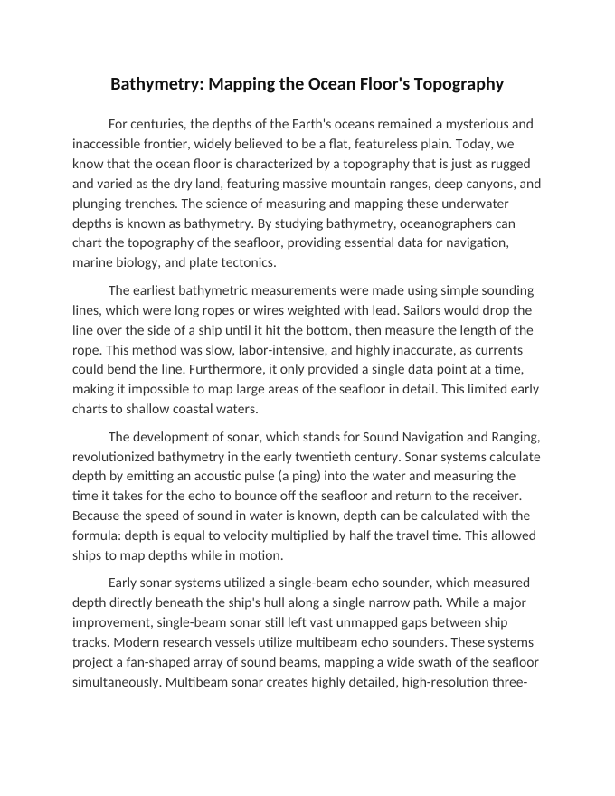 Bathymetry: Mapping the Ocean Floor's Topography Reading Worksheet sample page