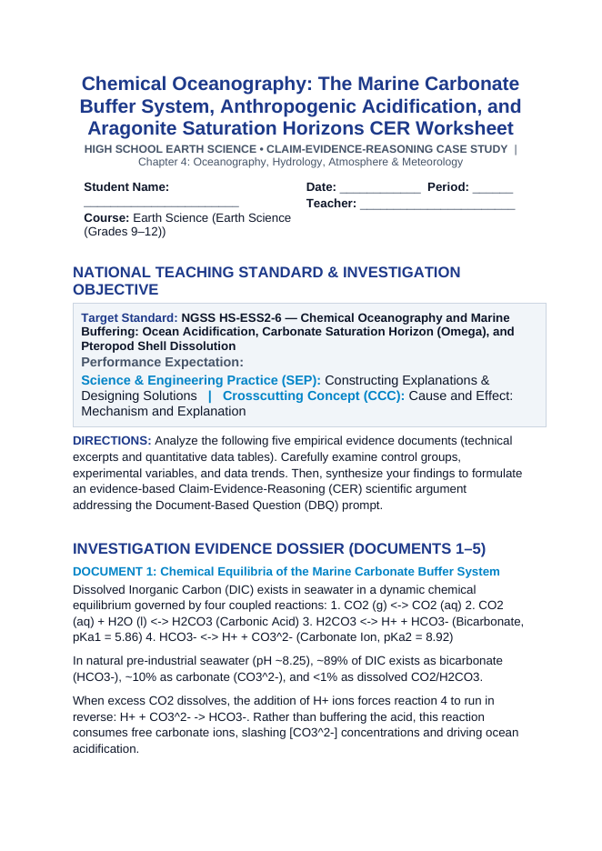 Chemical Oceanography: The Marine Carbonate Buffer System, Anthropogenic Acidification, and Aragonite Saturation Horizons CER Phenomena Worksheet sample page