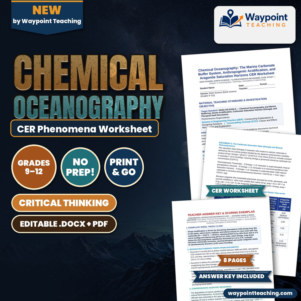 Chemical Oceanography: The Marine Carbonate Buffer System, Anthropogenic Acidification, and Aragonite Saturation Horizons CER Phenomena Worksheet cover