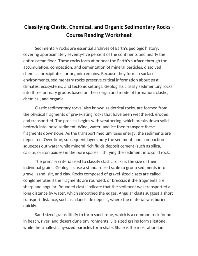 Classifying Clastic, Chemical, and Organic Sedimentary Rocks Reading Worksheet sample page