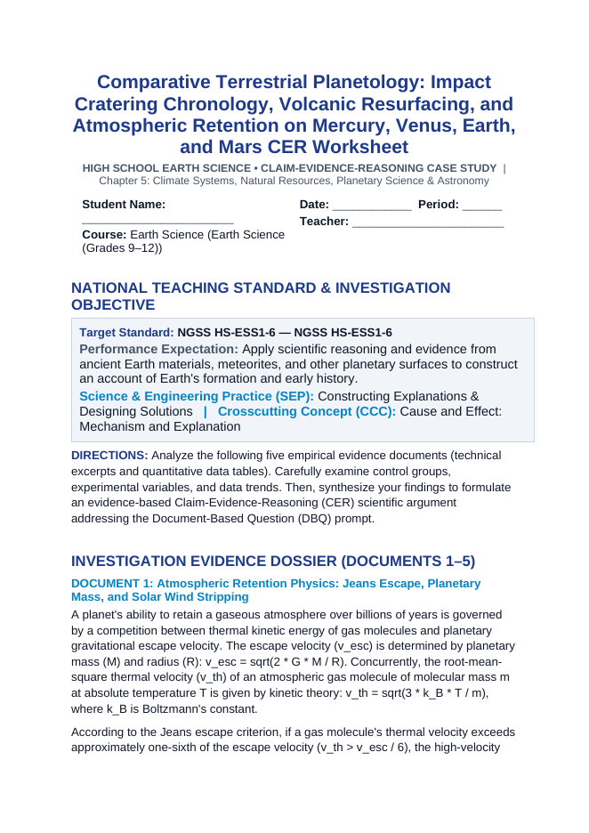 Comparative Terrestrial Planetology: Impact Cratering Chronology, Volcanic Resurfacing, and Atmospheric Retention on Mercury, Venus, Earth, and Mars CER Phenomena Worksheet sample page