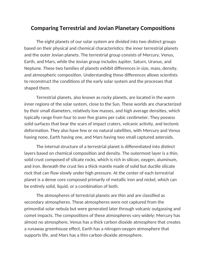 Comparing Terrestrial and Jovian Planetary Compositions Reading Worksheet sample page