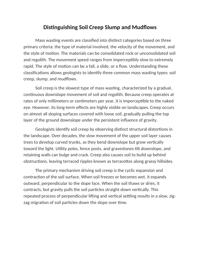 Distinguishing Soil Creep Slump and Mudflows Reading Worksheet sample page