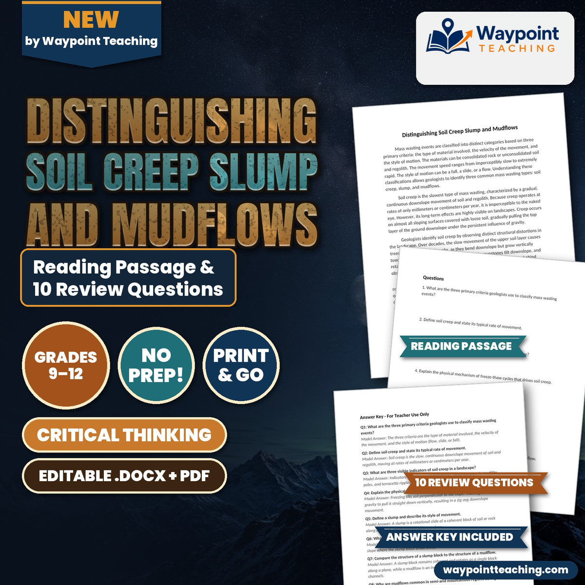 Distinguishing Soil Creep Slump and Mudflows Reading Worksheet cover