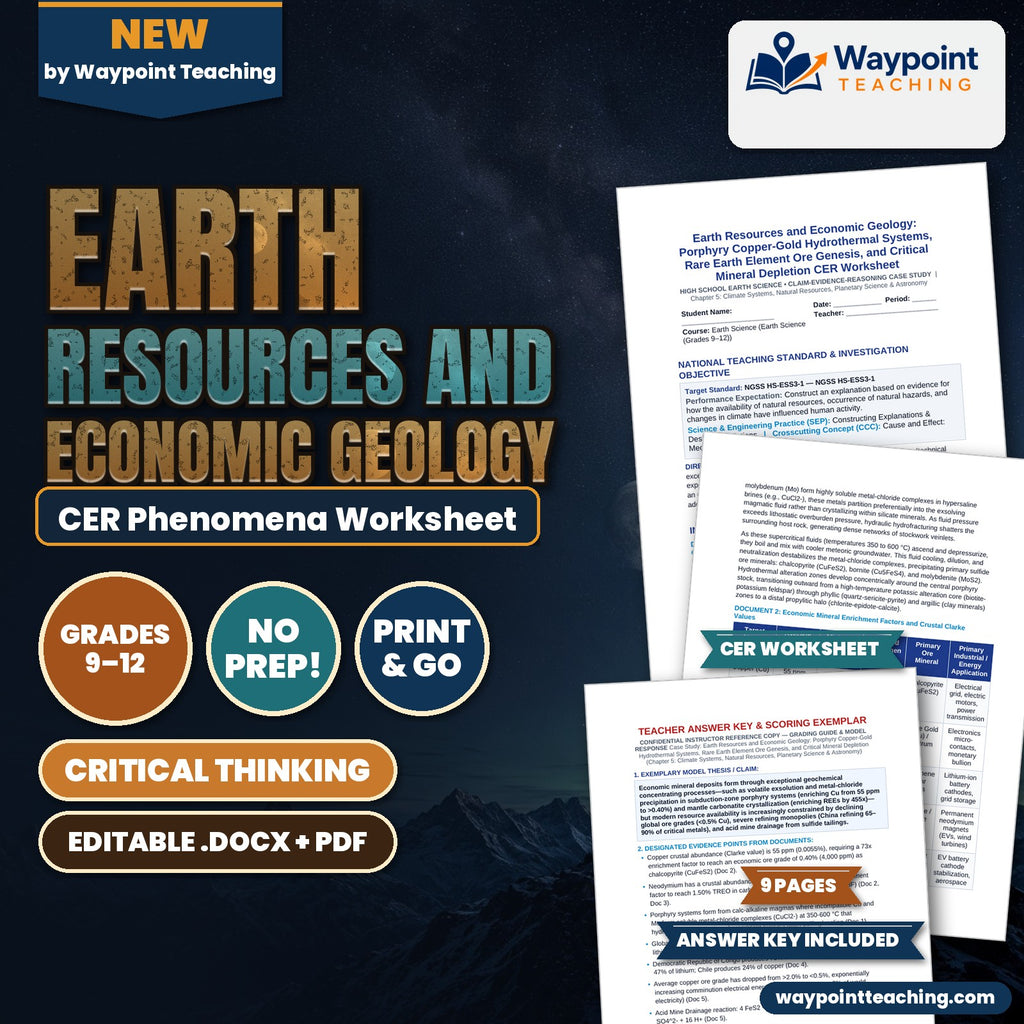 Earth Resources and Economic Geology: Porphyry Copper-Gold Hydrothermal Systems, Rare Earth Element Ore Genesis, and Critical Mineral Depletion CER Phenomena Worksheet cover