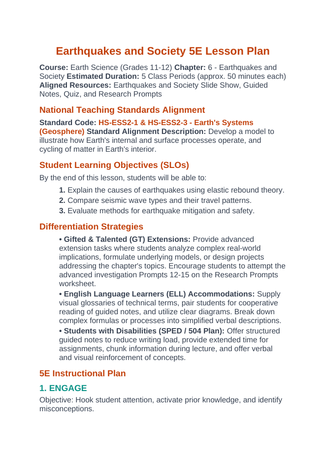 Earthquakes and Society 5E Lesson Plan sample page