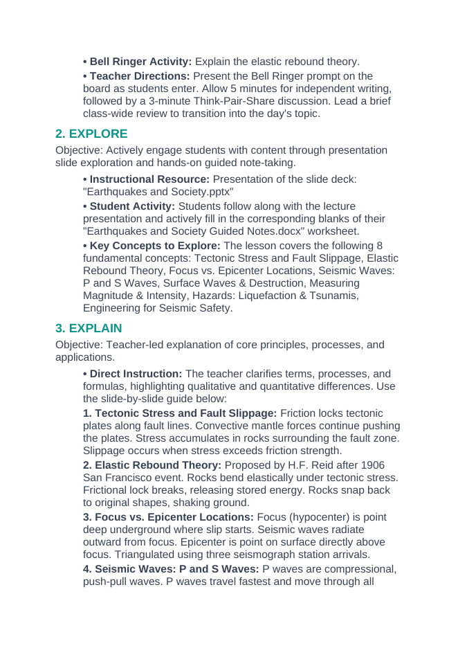 Earthquakes and Society 5E Lesson Plan sample page