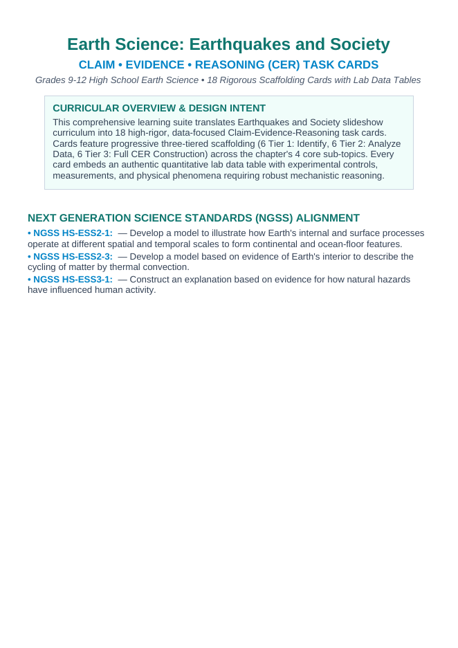 Earthquakes and Society CER Task Cards sample page