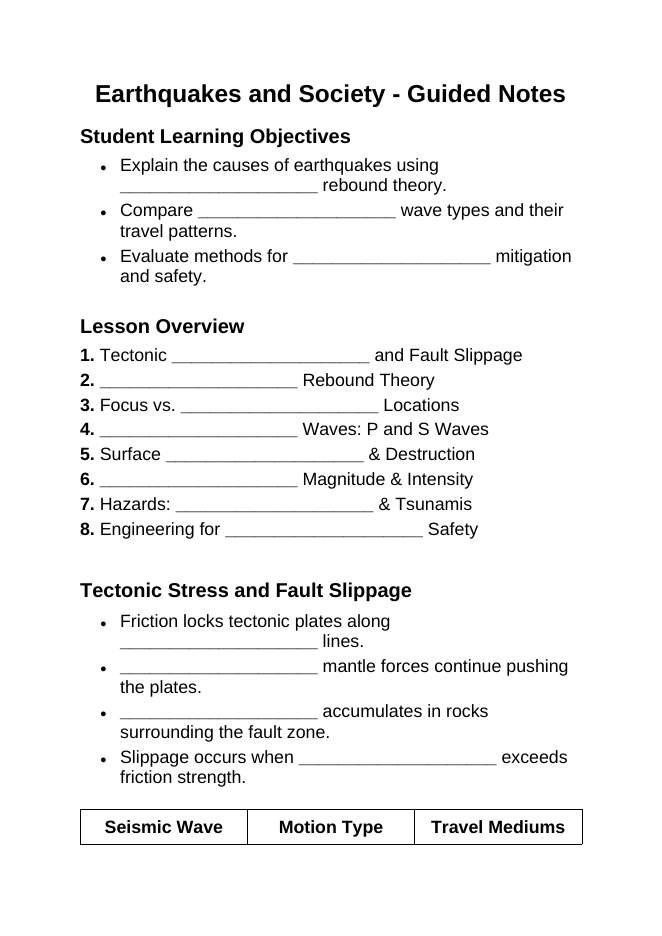 Earthquakes and Society Guided Notes sample page
