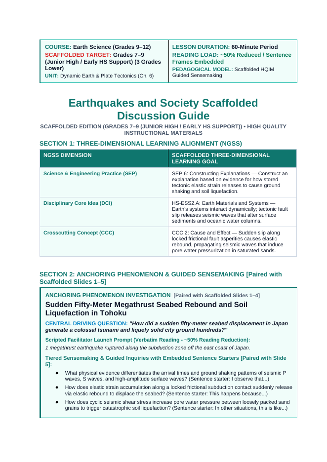 Earthquakes and Society Scaffolded Phenomena-Based Lesson: Sudden Fifty-Meter Megathrust Seabed Rebound and Soil Liquefaction in Tohoku Teacher Discussion Guide sample page