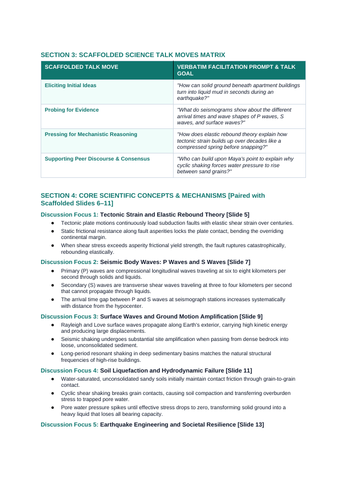 Earthquakes and Society Scaffolded Phenomena-Based Lesson: Sudden Fifty-Meter Megathrust Seabed Rebound and Soil Liquefaction in Tohoku Teacher Discussion Guide sample page