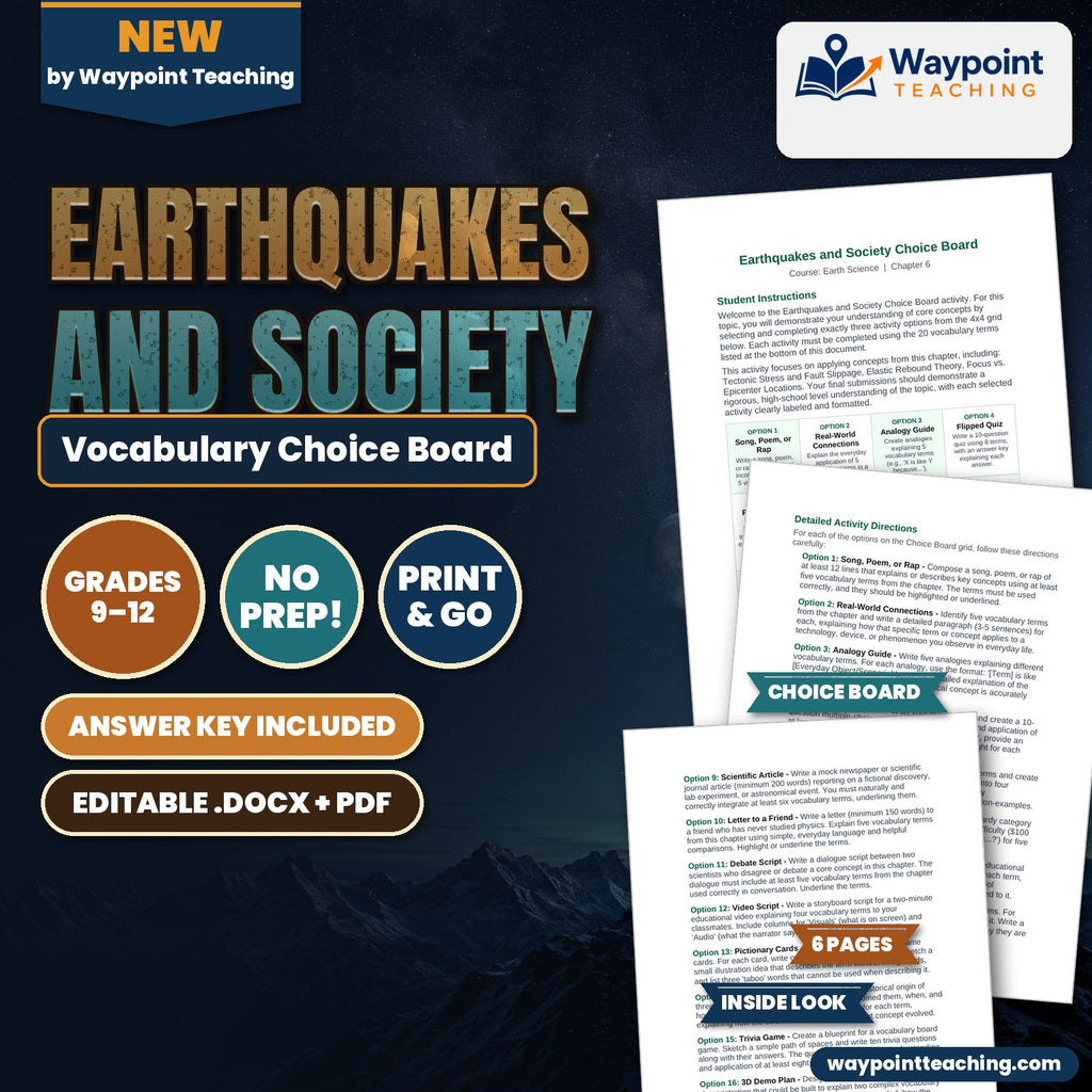 Earthquakes and Society Vocabulary Choice Board cover