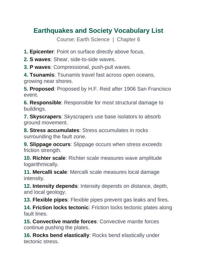 Earthquakes and Society Vocabulary Words & Definitions sample page