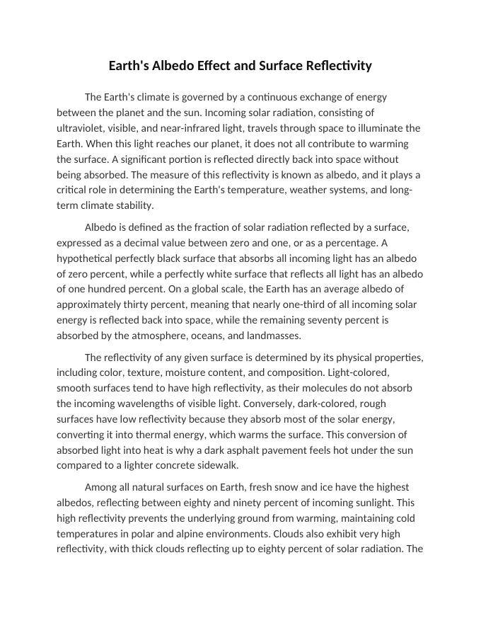 Earths Albedo Effect and Surface Reflectivity Reading Worksheet sample page