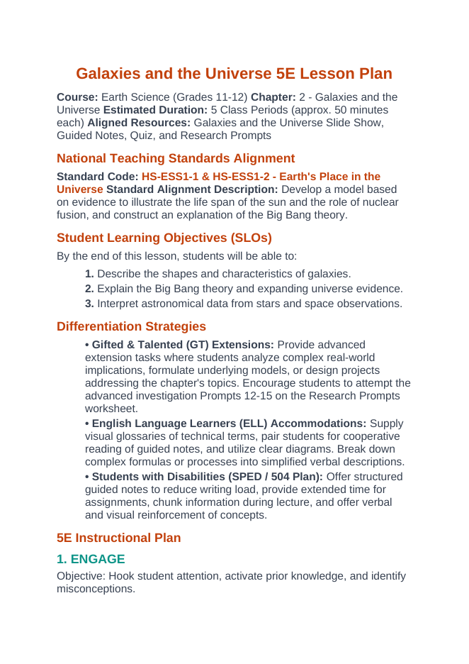 Galaxies and the Universe 5E Lesson Plan sample page