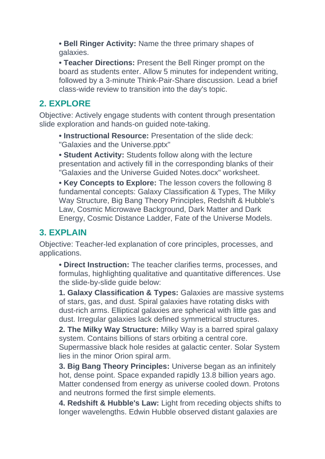 Galaxies and the Universe 5E Lesson Plan sample page