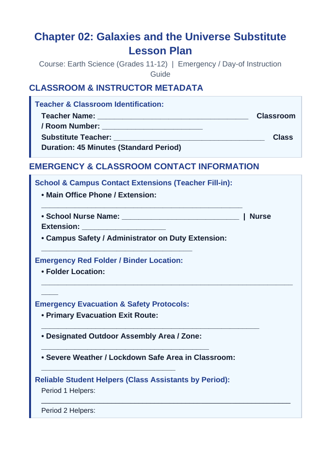 Galaxies and the Universe Substitute Lesson Plan sample page