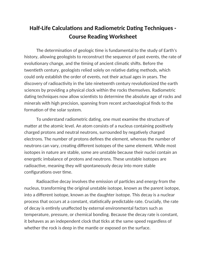 Half-Life Calculations and Radiometric Dating Techniques Reading Worksheet sample page