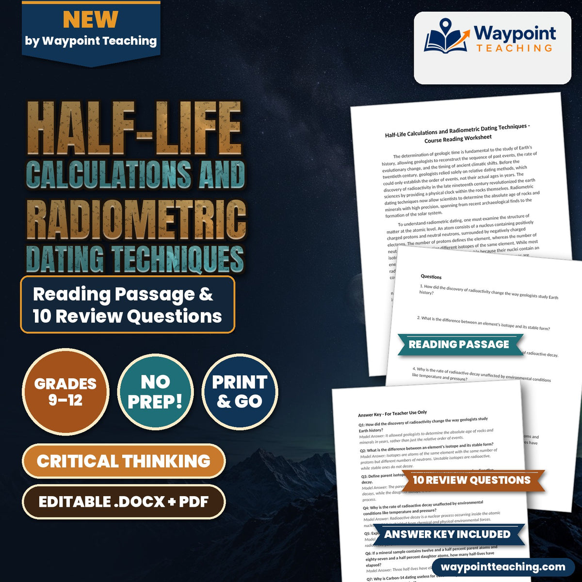 Half-Life Calculations and Radiometric Dating Techniques Reading Worksheet cover