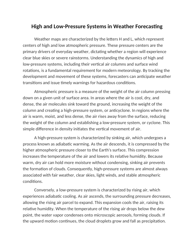 High and Low-Pressure Systems in Weather Forecasting Reading Worksheet sample page