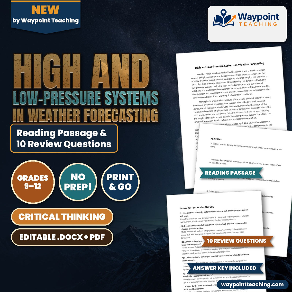 High and Low-Pressure Systems in Weather Forecasting Reading Worksheet cover