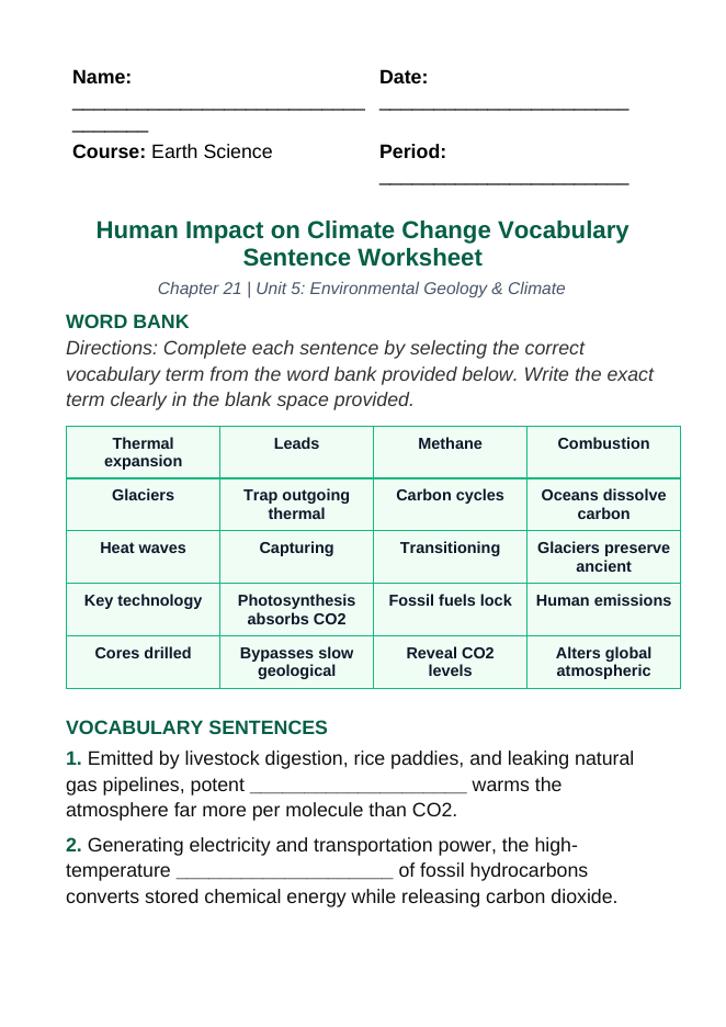 Human Impact on Climate Change Fill-in-the-Blank Vocabulary Worksheet sample page