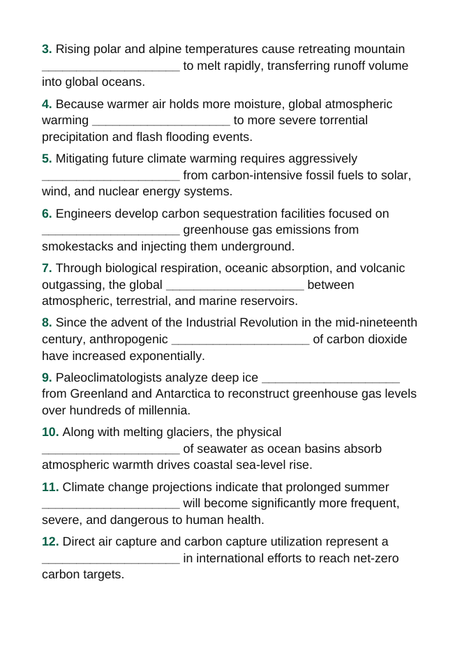 Human Impact on Climate Change Fill-in-the-Blank Vocabulary Worksheet sample page