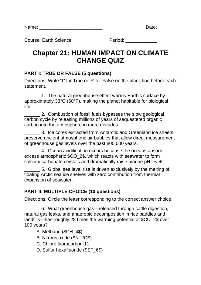 Human Impact on Climate Change Lesson Quiz sample page