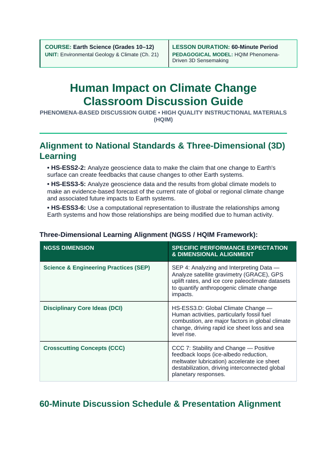 Human Impact on Climate Change Phenomena-Based Lesson: Accelerating Two-Hundred-Eighty-Gigaton Annual Calving of the Greenland Ice Sheet Teacher Discussion Guide sample page