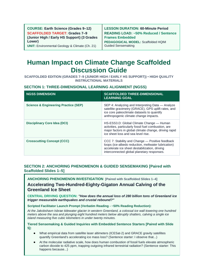 Human Impact on Climate Change Scaffolded Phenomena-Based Lesson: Accelerating Two-Hundred-Eighty-Gigaton Annual Calving of the Greenland Ice Sheet Teacher Discussion Guide sample page