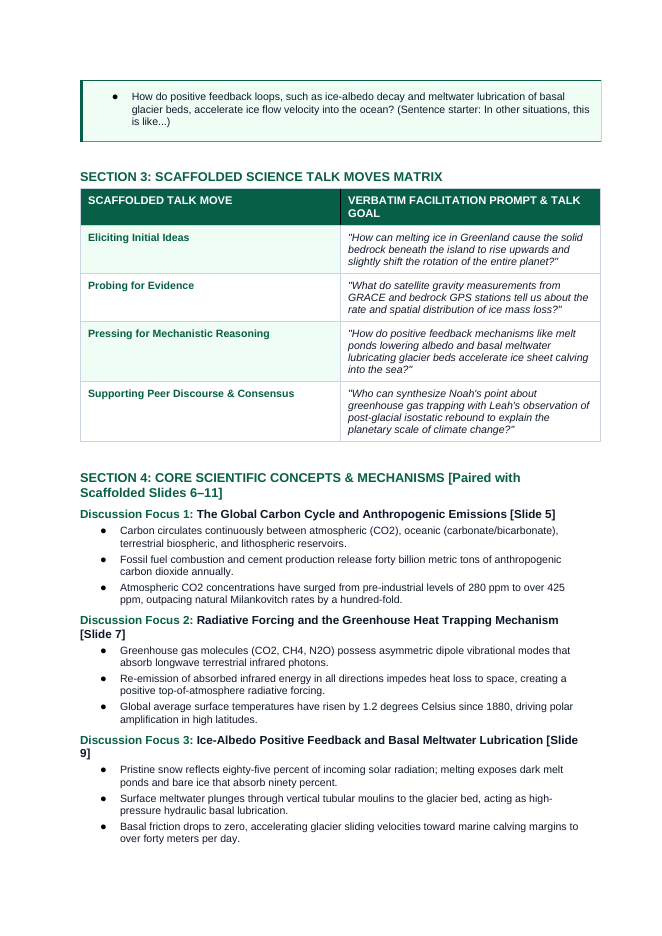 Human Impact on Climate Change Scaffolded Phenomena-Based Lesson: Accelerating Two-Hundred-Eighty-Gigaton Annual Calving of the Greenland Ice Sheet Teacher Discussion Guide sample page