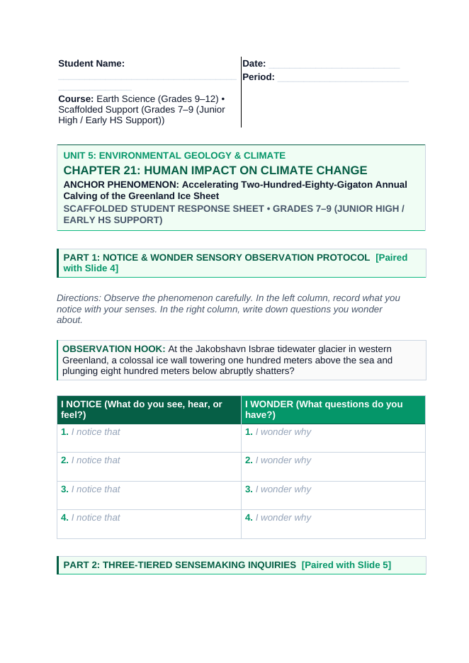 Human Impact on Climate Change Scaffolded Phenomena-Based Lesson: Accelerating Two-Hundred-Eighty-Gigaton Annual Calving of the Greenland Ice Sheet Student Response Sheet sample page