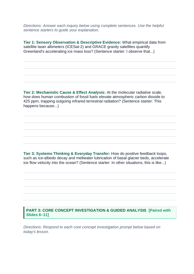 Human Impact on Climate Change Scaffolded Phenomena-Based Lesson: Accelerating Two-Hundred-Eighty-Gigaton Annual Calving of the Greenland Ice Sheet Student Response Sheet sample page