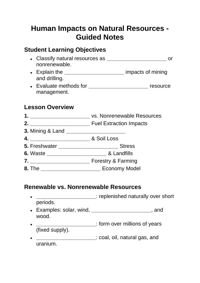 Human Impacts on Natural Resources Guided Notes sample page