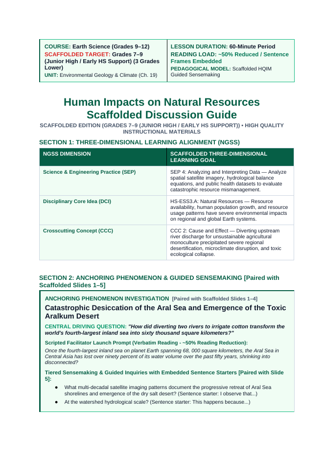 Human Impacts on Natural Resources Scaffolded Phenomena-Based Lesson: Catastrophic Desiccation of the Aral Sea and Emergence of the Toxic Aralkum Desert Teacher Discussion Guide sample page