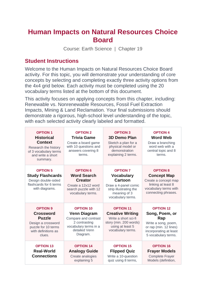 Human Impacts on Natural Resources Vocabulary Choice Board sample page