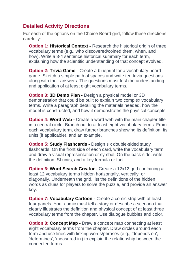Human Impacts on Natural Resources Vocabulary Choice Board sample page
